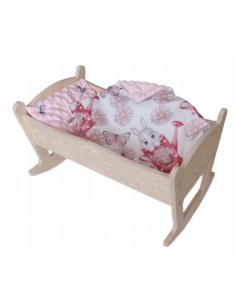 Kołyska Grawerowana z Pościelą Minky [Pudrowy Róż] dla Lalek