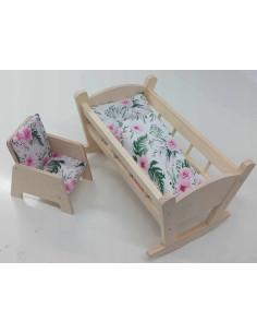 KOŁYSKA Z POŚCIELĄ + FOTELIK DLA LALEK. ZABAWKI DREWNIANE