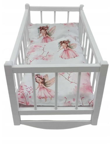 KOŁYSKA DLA LALEK BIAŁA DREWNIANA + POŚCIEL 3el