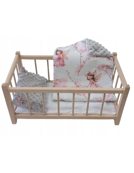 DREWNIANE ŁÓŻECZKO DLA LALEK + POŚCIEL DWUSTRONNA PUSZYSTA