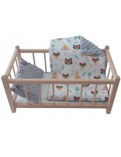 DREWNIANE ŁÓŻECZKO DLA LALEK + POŚCIEL DWUSTRONNA PUSZYSTA