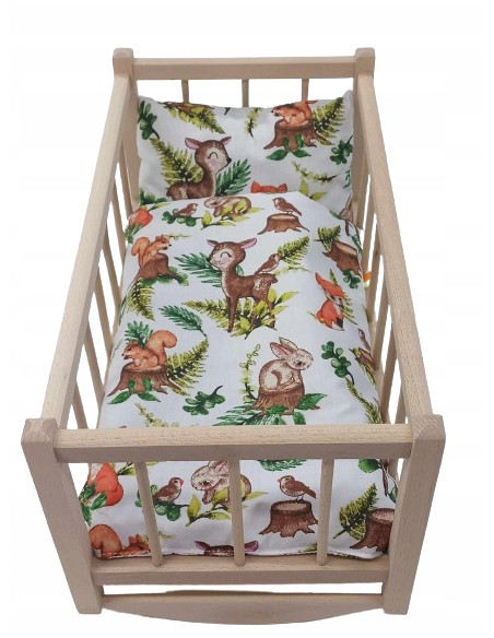 KOŁYSKA dla lalek drewniana + POŚCIEL ZWIERZĄTKA LEŚNE - Możliwość wyboru
