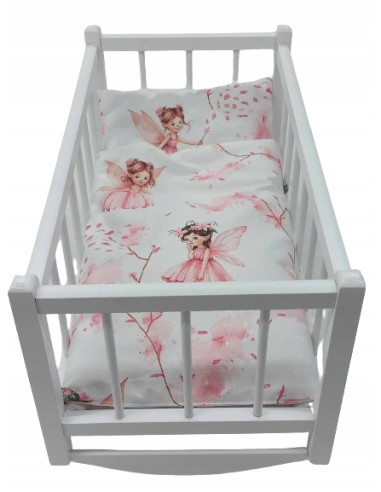 KOŁYSKA DLA LALEK BIAŁA DREWNIANA + POŚCIEL 3el