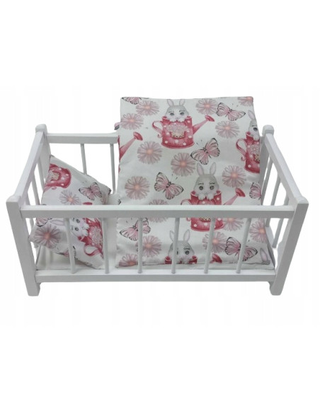 BIAŁE DREWNIANE ŁÓŻECZKO DLA LALEK + POŚCIEL KRÓLICZKI - DO WYBORU