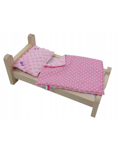 ŁÓŻKO DLA LALEK DREWNIANE. ŁÓŻECZKO + POŚCIEL MINKY