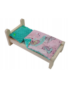 ŁÓŻKO DLA LALEK DREWNIANE. ŁÓŻECZKO + POŚCIEL MINKY