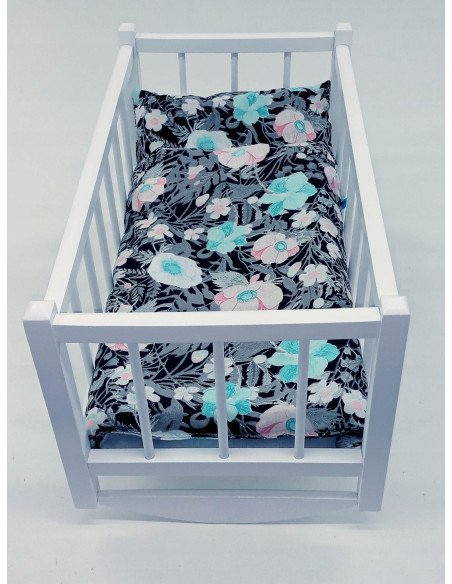 KOŁYSKA DLA LALEK BIAŁA DREWNIANA + POŚCIEL 3 elementy