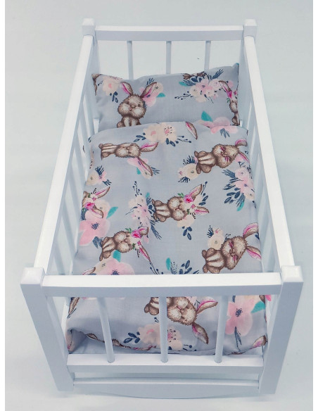 KOŁYSKA DLA LALEK BIAŁA DREWNIANA + POŚCIEL 3el