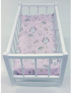 KOŁYSKA DLA LALEK BIAŁA DREWNIANA + POŚCIEL 3 elementy