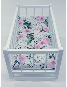 KOŁYSKA DLA LALEK BIAŁA DREWNIANA + POŚCIEL 3 ELEMENTY