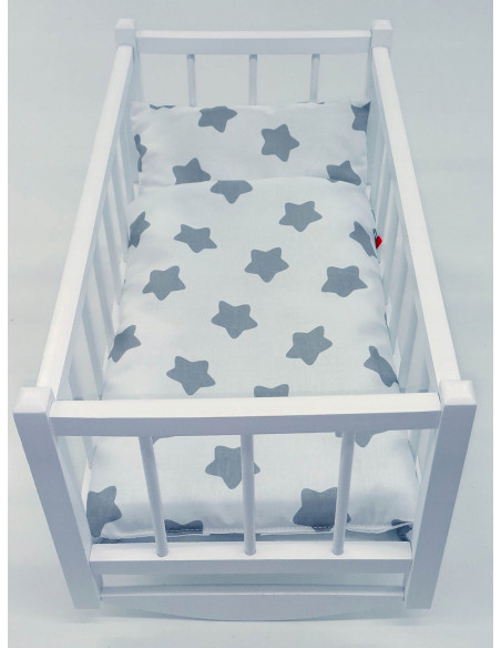 KOŁYSKA DLA LALEK BIAŁA DREWNIANA + POŚCIEL 3 ELEMENTY