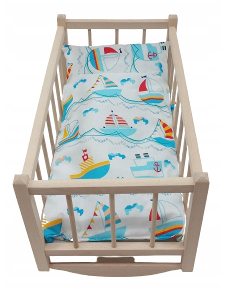 KOŁYSKA dla lalek drewniana + pościel 3 ELEMENTY