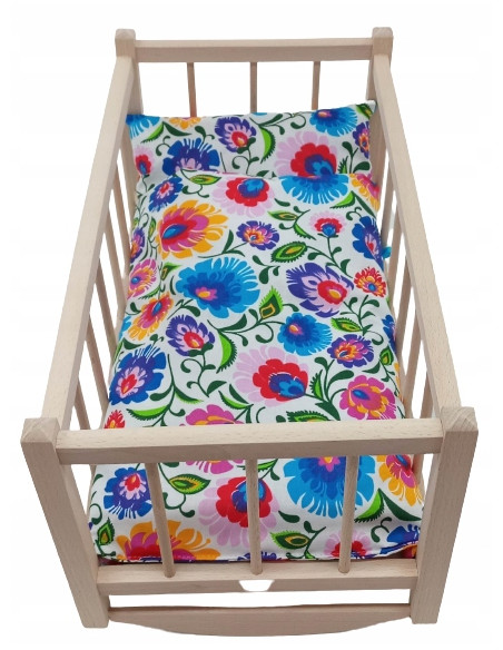 KOŁYSKA dla lalek drewniana + pościel 3 ELEMENTY