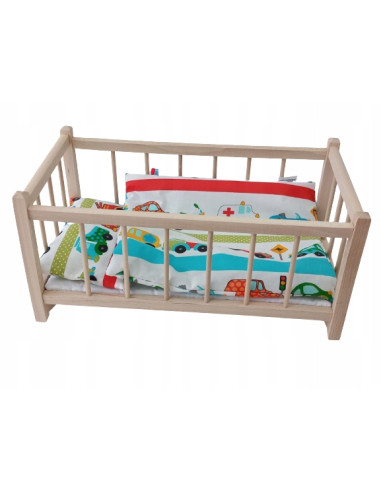 Drewniane łóżeczko dla lalek + POŚCIEL+ MATERAC