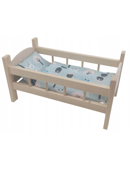 ŁÓŻECZKO DREWNIANE DUŻE dla lalek POŚCIEL 3 ELEMENTY