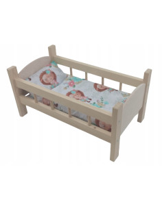 ŁÓŻECZKO DREWNIANE DUŻE dla lalek POŚCIEL 3 elementy