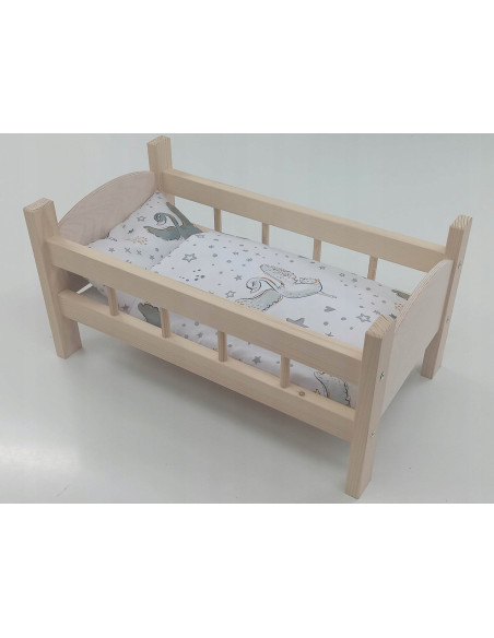 ŁÓŻECZKO DREWNIANE DUŻE dla lalek POŚCIEL 3 elementy