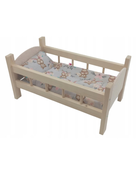 ŁÓŻECZKO DREWNIANE DUŻE dla lalek POŚCIEL 3 elementy