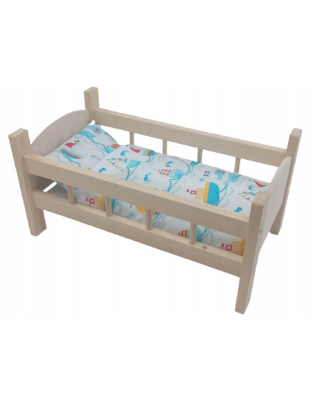 ŁÓŻECZKO DREWNIANE DUŻE dla lalek POŚCIEL 3 elementy