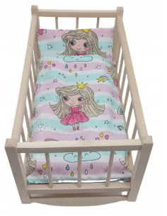 KOŁYSKA dla lalek drewniana + pościel 3 ELEMENTY