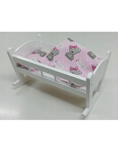 Kołyska drewniana BIAŁA dla lalek + POŚCIEL 3 el
