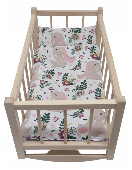 KOŁYSKA dla lalek drewniana + POŚCIEL ZAJĄCZKI - DO WYBORU