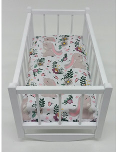 KOŁYSKA DREWNIANA dla lalek + POŚCIEL ZAJĄCZKI - DO WYBORU