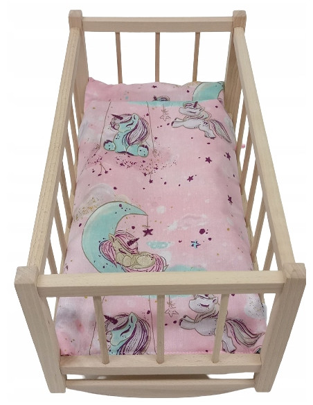 KOŁYSKA dla lalek drewniana + pościel 3 ELEMENTY