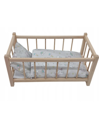 Drewniane łóżeczko dla lalek + POŚCIEL+ MATERAC