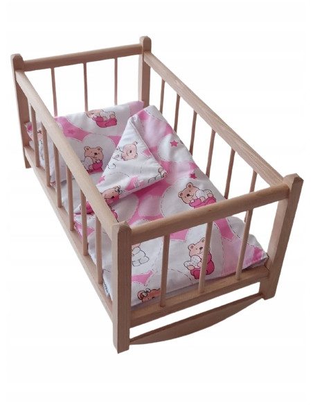 KOŁYSKA dla lalek drewniana + pościel 3 ELEMENTY