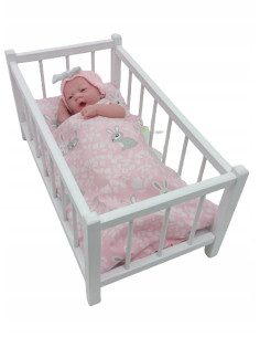 ŁÓŻECZKO dla lalek drewniane białe + pościel KRÓLICZKI -...