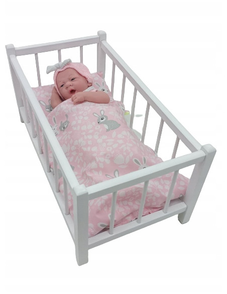 ŁÓŻECZKO dla lalek drewniane białe + pościel KRÓLICZKI - DO WYBORU