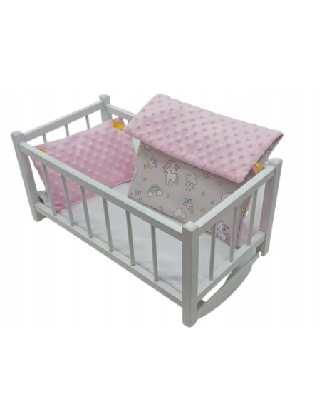 KOŁYSKA dla lalek BIAŁA+ pościel MINKY + BAWEŁNA