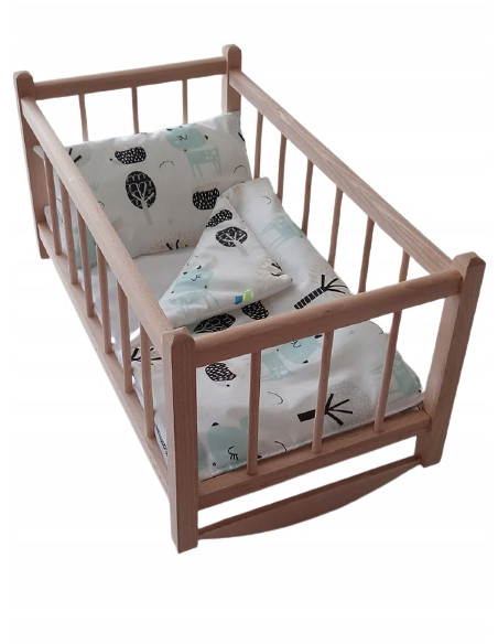 KOŁYSKA dla lalek drewniana + pościel 3 ELEMENTY